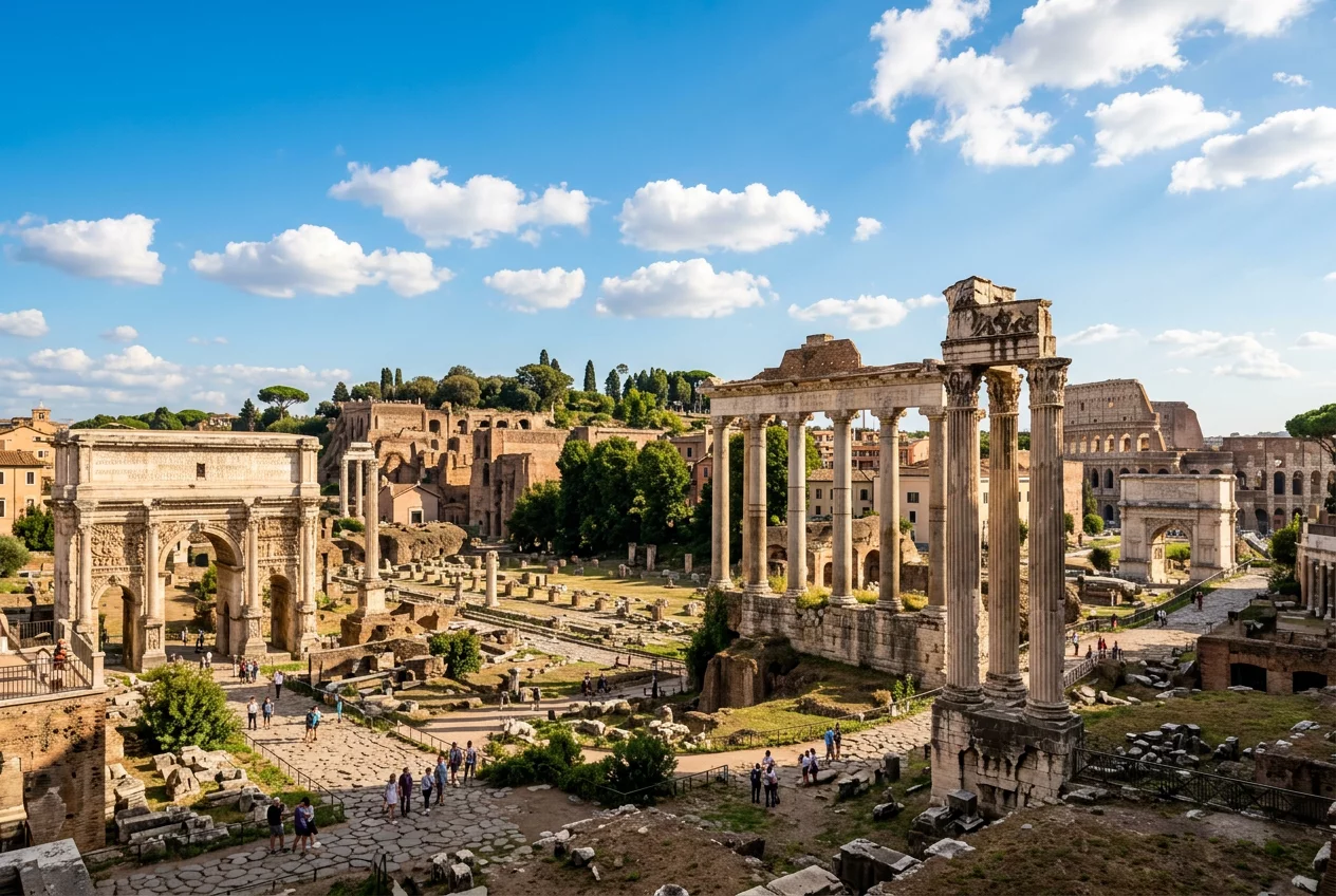 Ancient ruins of the Roman Forum under a clear sky.