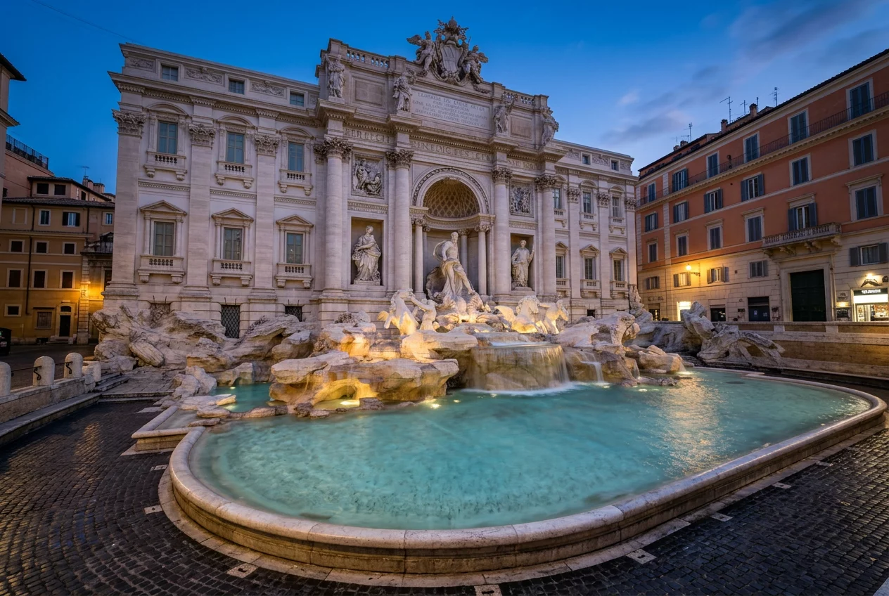 The stunning Trevi Fountain in Rome at dawn.